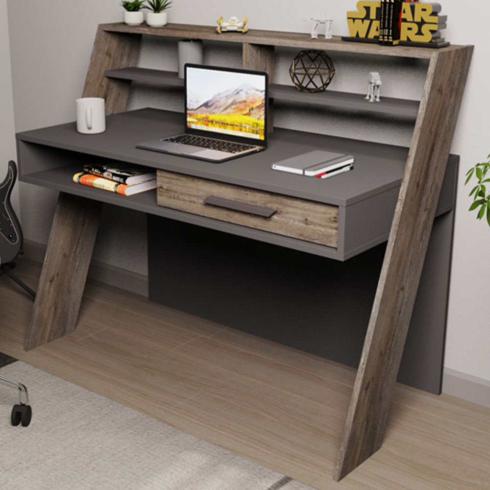Decorotika Soho Single Drawer 5 Shelf Computer Desk Anthracite Wenge Image 1