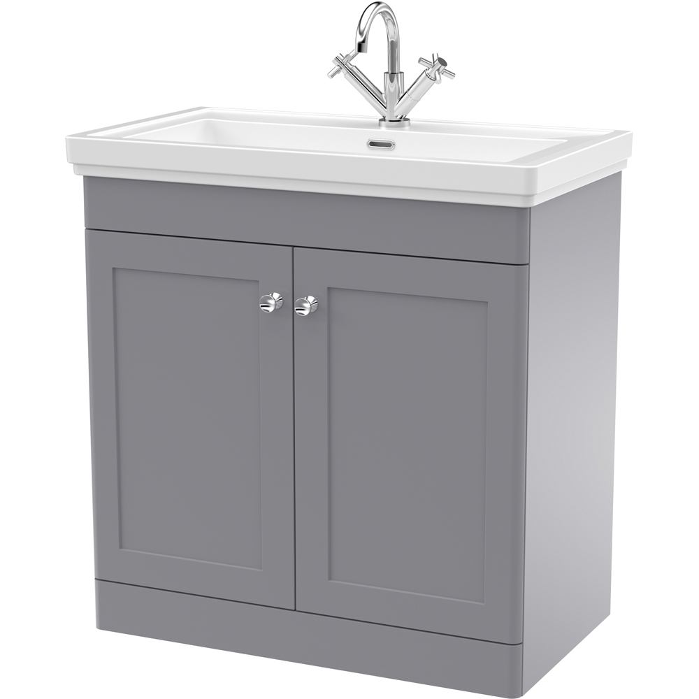 nuie Classique 2 Door Satin Grey Floor Standing Vanity Unit and 1 Tap Hole Fireclay Basin 800mm Image 1