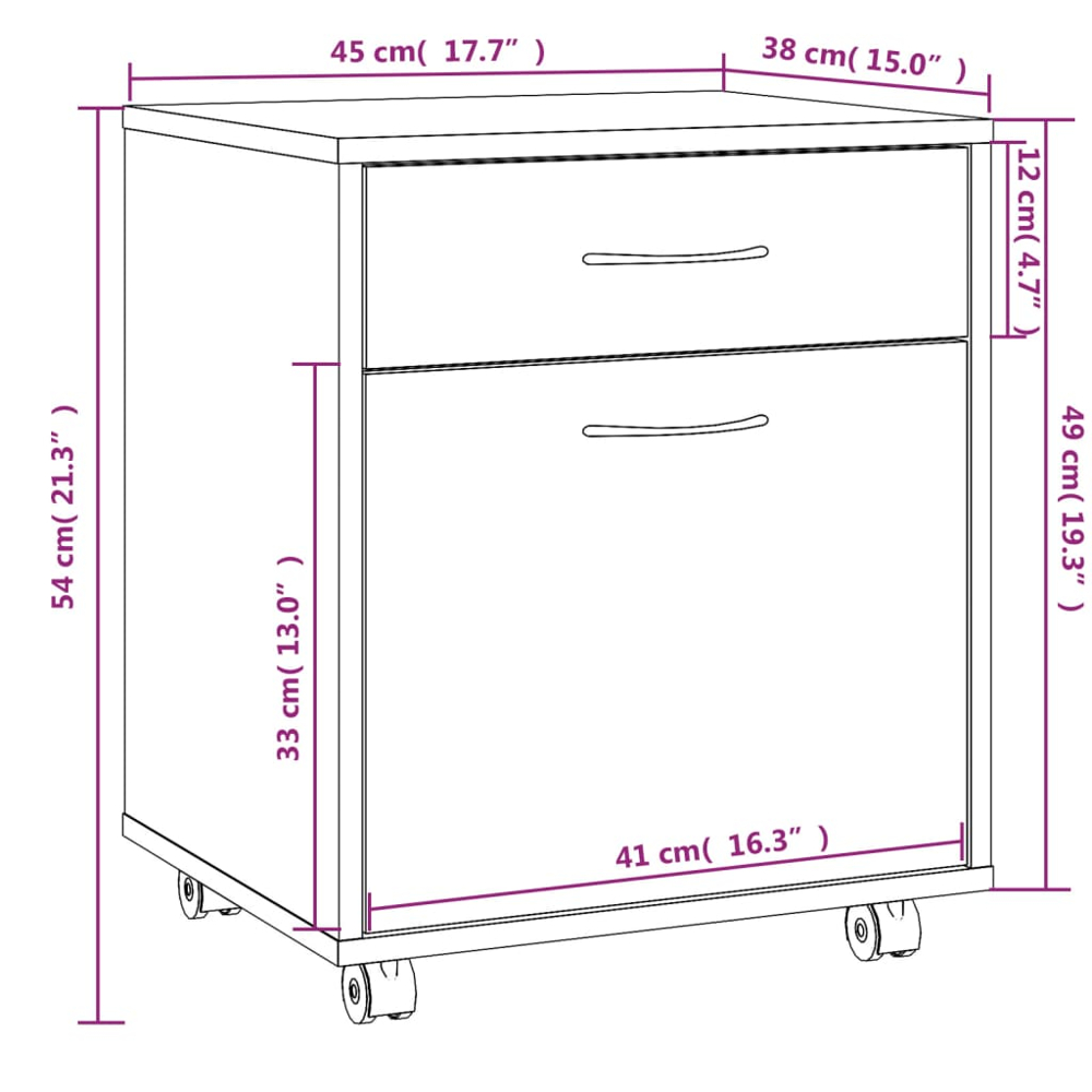 vidaXL Single Door Single Drawer Smoked Oak Rolling Storage Cabinet Image 6