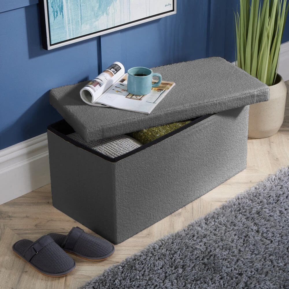 Home Source Grey Boucle Upholstered Folding Ottoman Image 7