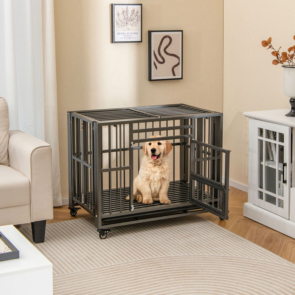 Costway Foldable Metal Dog Cage with Wheels Image 2