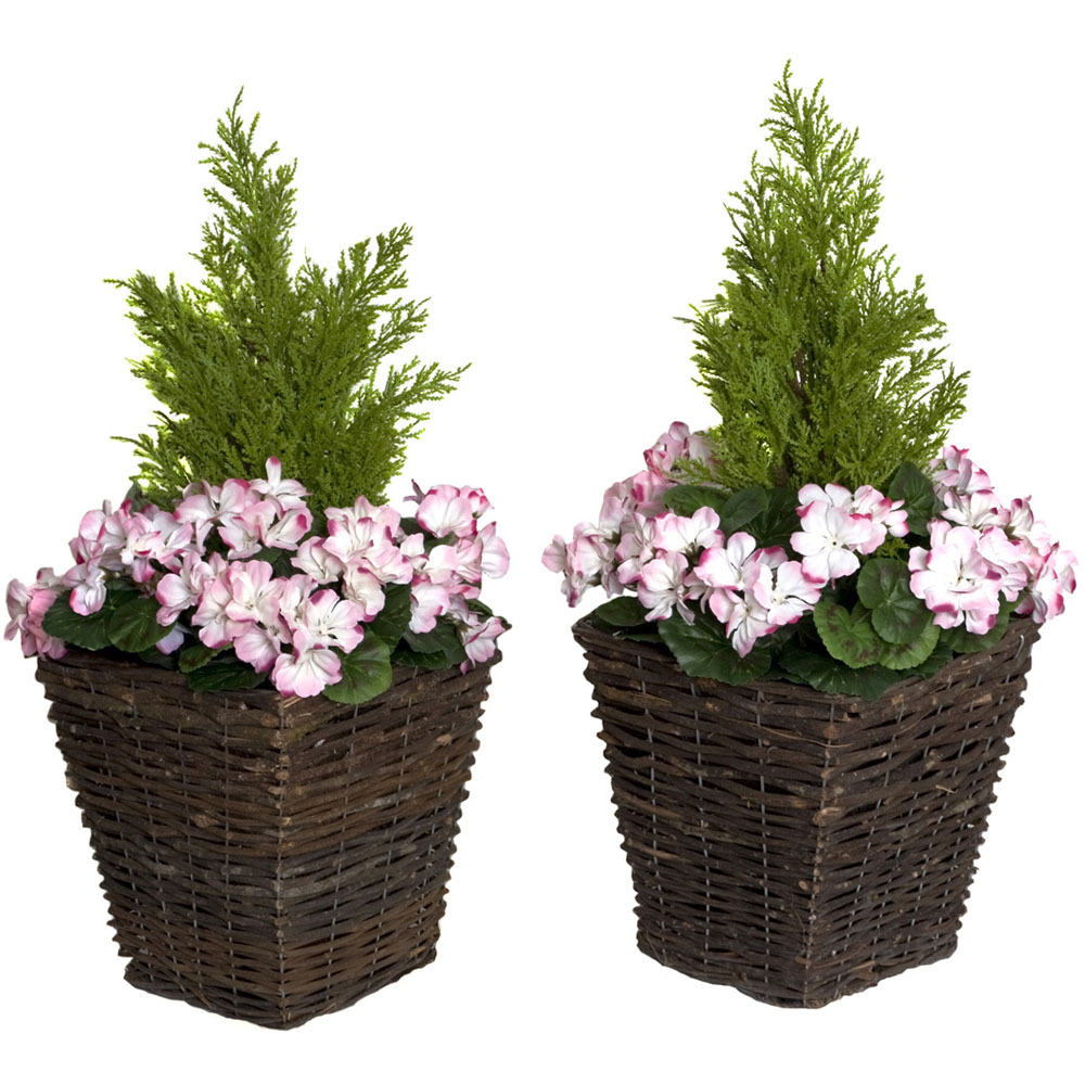 GreenBrokers Artificial Pink and White Geraniums Dark Rattan Planters 60cm 2 Pack Image 1