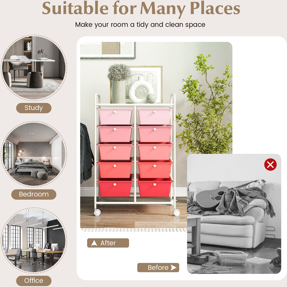 Costway 10 Drawer Pink Storage Rolling Cart Image 5