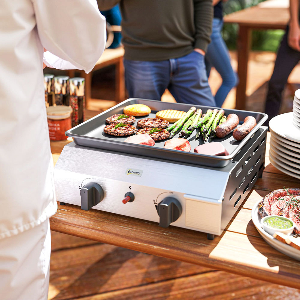 Outsunny Silver Gas Plancha Grill with 2 Stainless Steel Burner Image 2