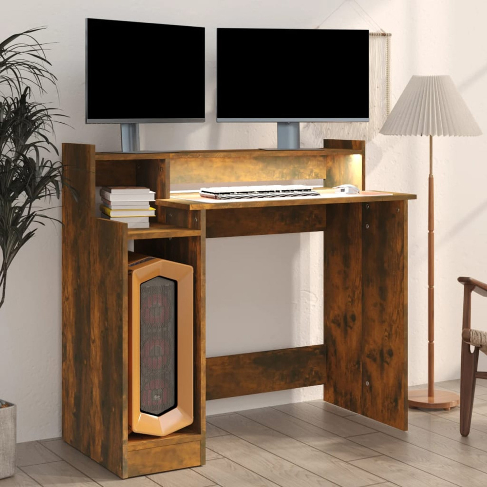 vidaXL 3 Shelf LED Computer Desk Smoked Oak Image 7