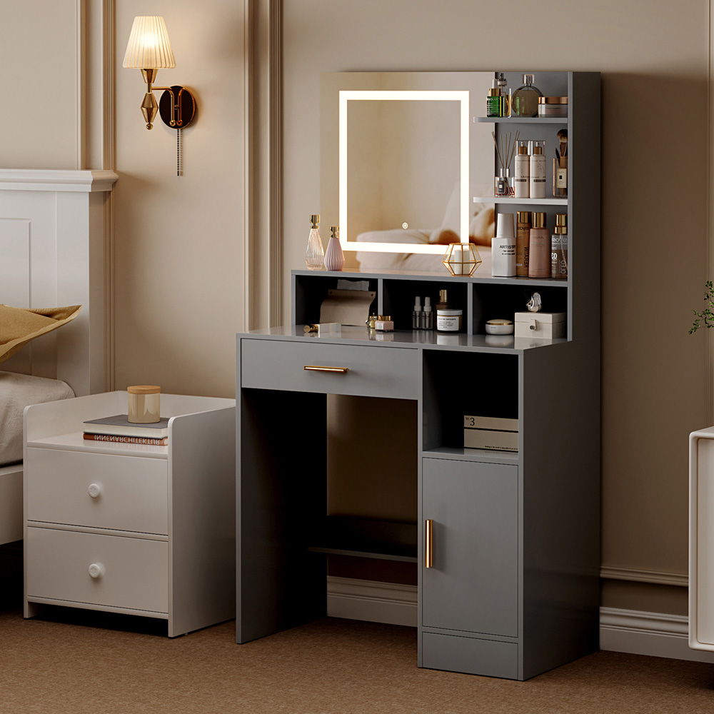 Brooklyn Truro Single Door Single Drawer 7 Shelf Grey Adjustable Dressing Table with LED Mirror Image 3