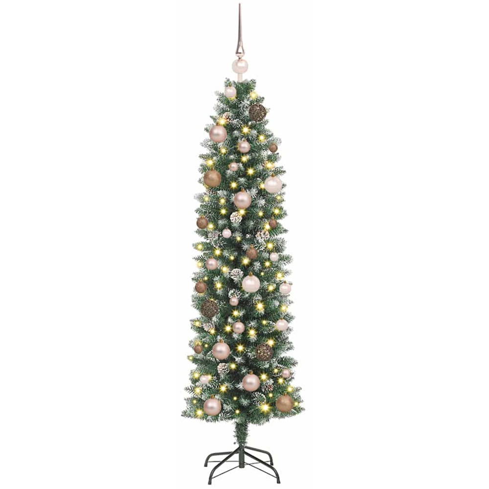 vidaXL Pre-Lit Rose Gold Bauble Pinecones Green Snow Flocked Artificial Pencil Christmas Tree 5ft Image 1