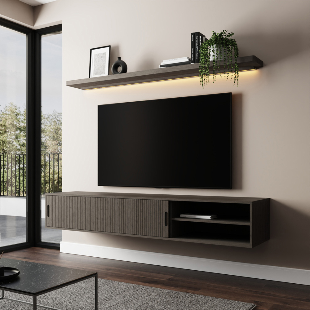 GFW Nina 2 Door 2 Shelf Grey Wall Mounted TV Unit with LED Wall Shelf Image 7