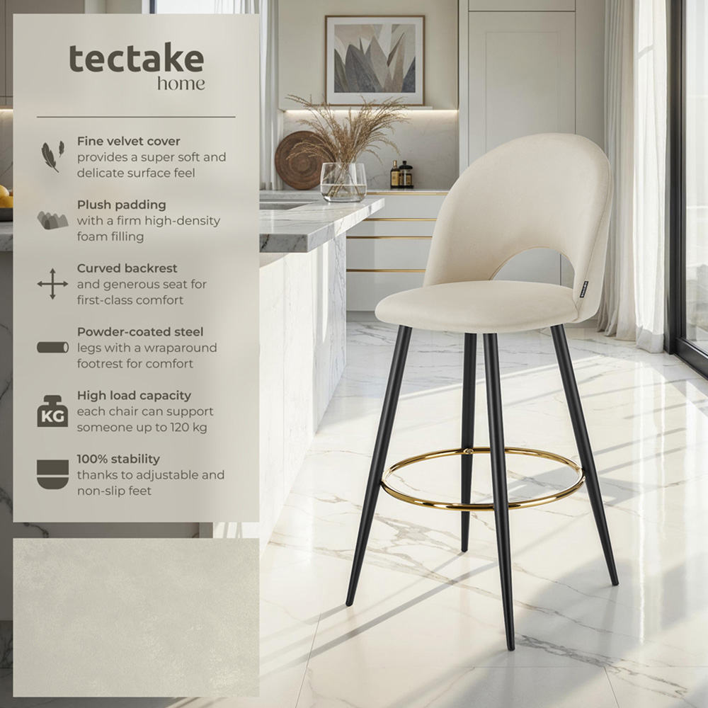 tectake Rachel Cream and Black Velvet Look Bar Stool Set of 2 Image 3