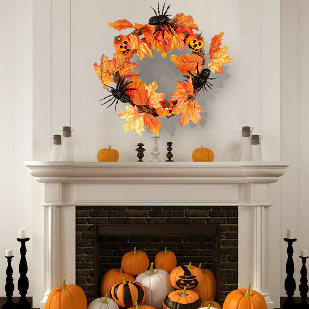 Living and Home Pumpkin Door Wreath with Spider 40cm Image 2