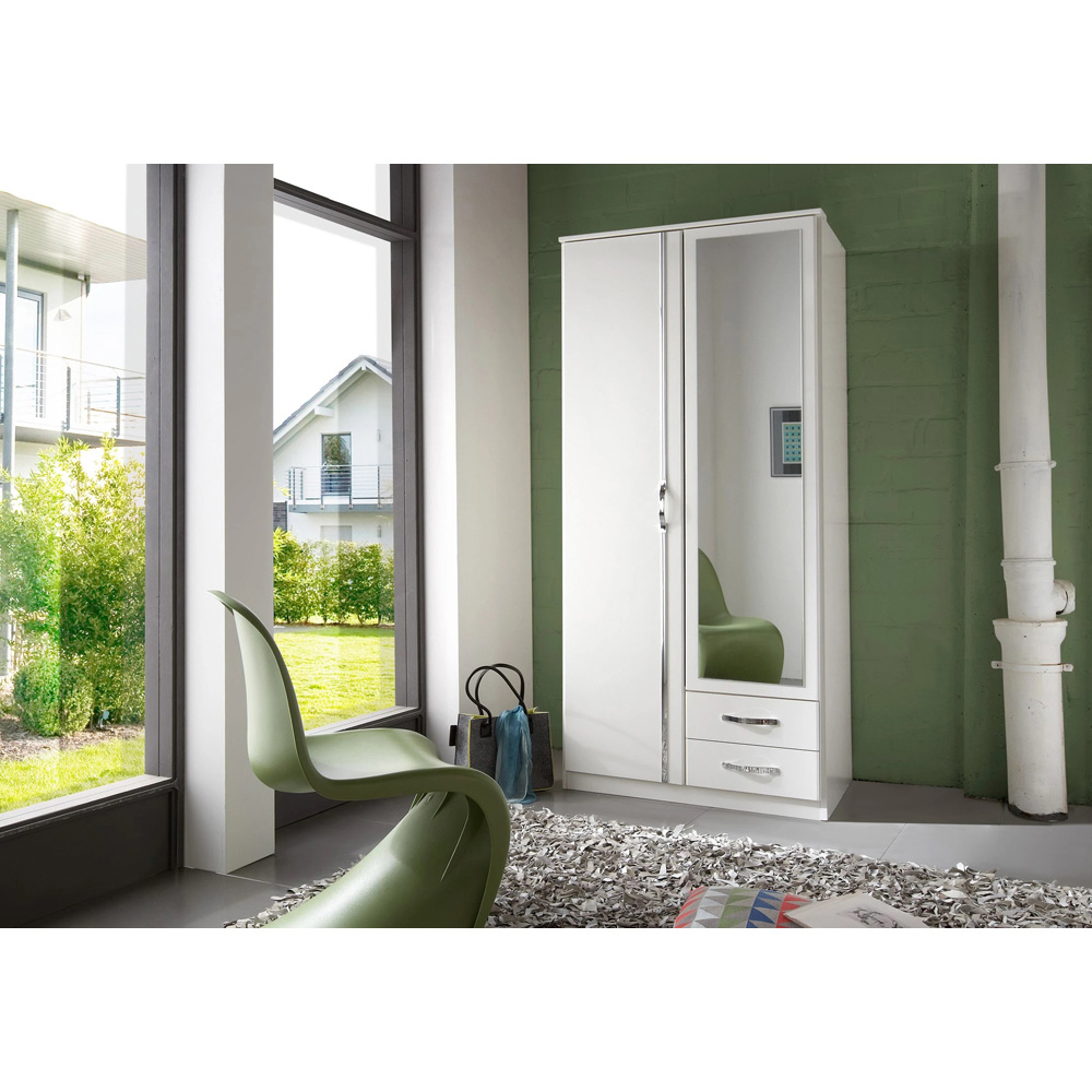 TJ'S Clack 2 Door 2 Drawer White Wardrobe with Mirror Image 4