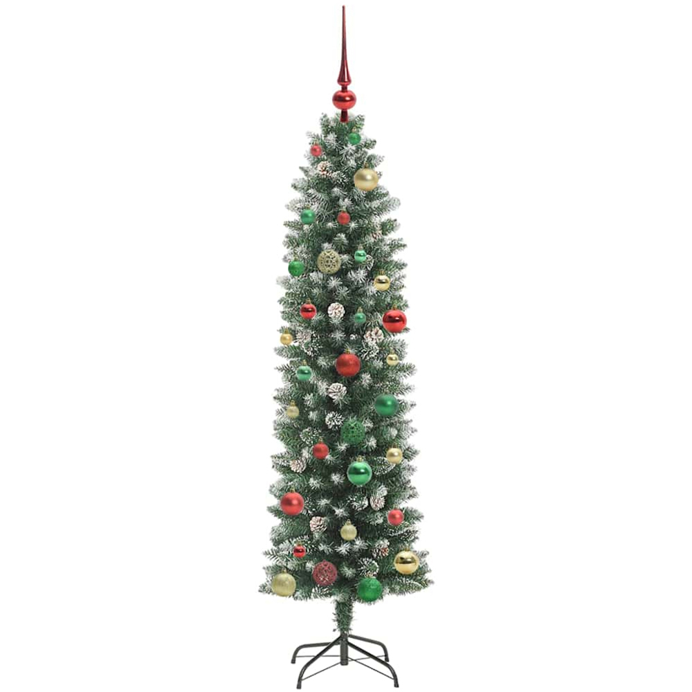 vidaXL Pre-Lit Warm White LED and Multicolour Baubles Green Slim Artificial Christmas Tree 5ft Image 1