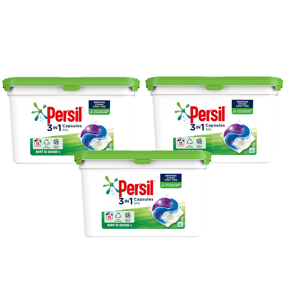 Persil Bio 3 in 1 Laundry Washing Capsules 15 Washes Case of 3 Image 1