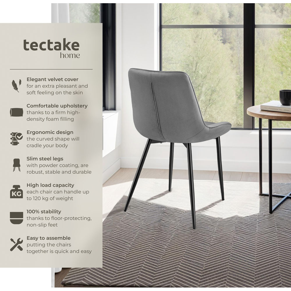 tectake Monroe Set of 6 Grey Velvet Padded Dining Chair Image 8