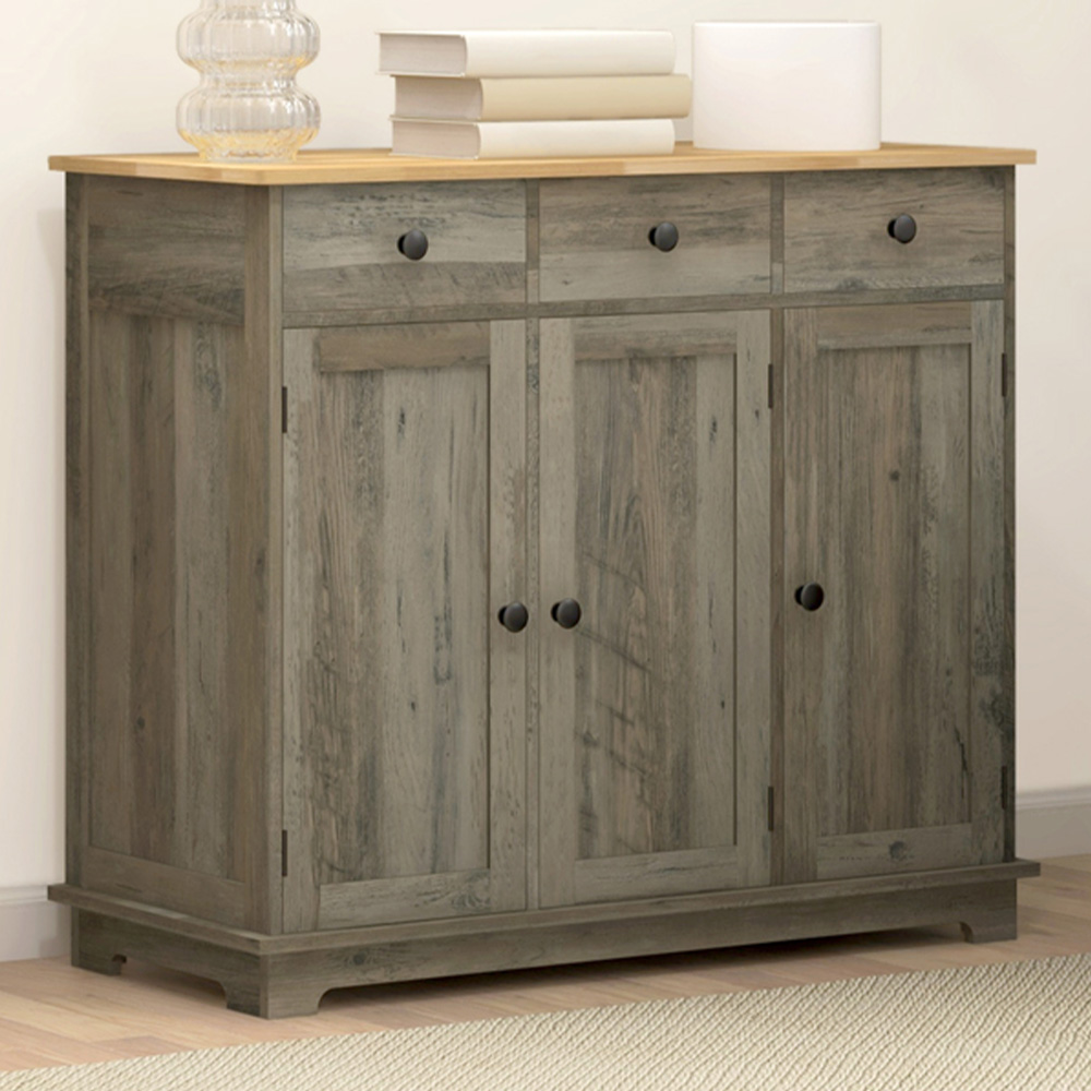 HOMCOM 3 Door 3 Drawer Grey Rubber Wooden Top Sideboard Image 1