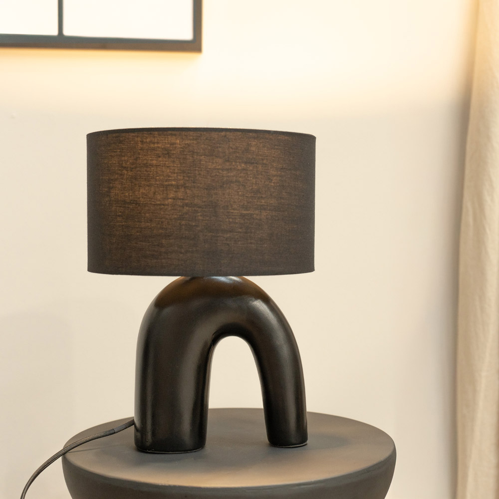 ValueLights Lia Black Fabric Drum Shade Black Arch Abstract Ceramic LED Table Lamp Image 2