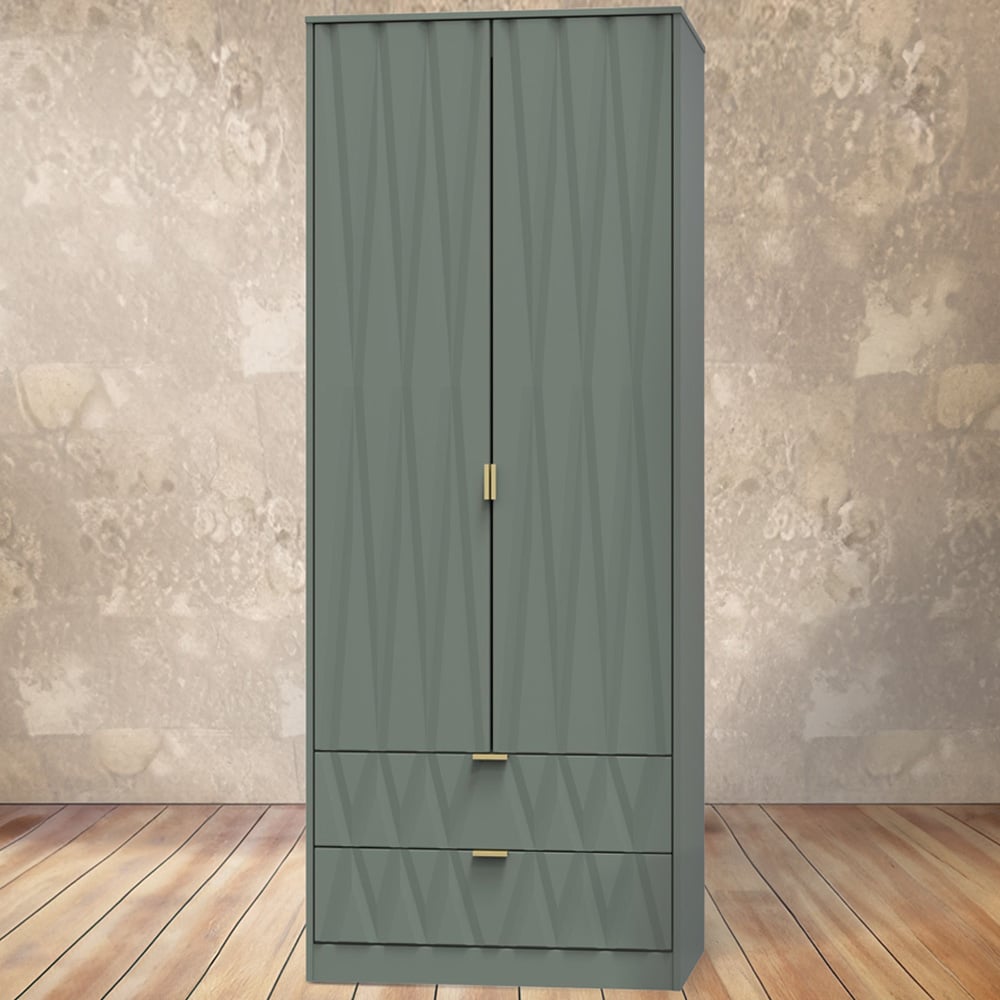 Crowndale Diamond Ready Assembled 2 Door 2 Drawer Reed Green Tall Double Wardrobe Image 1