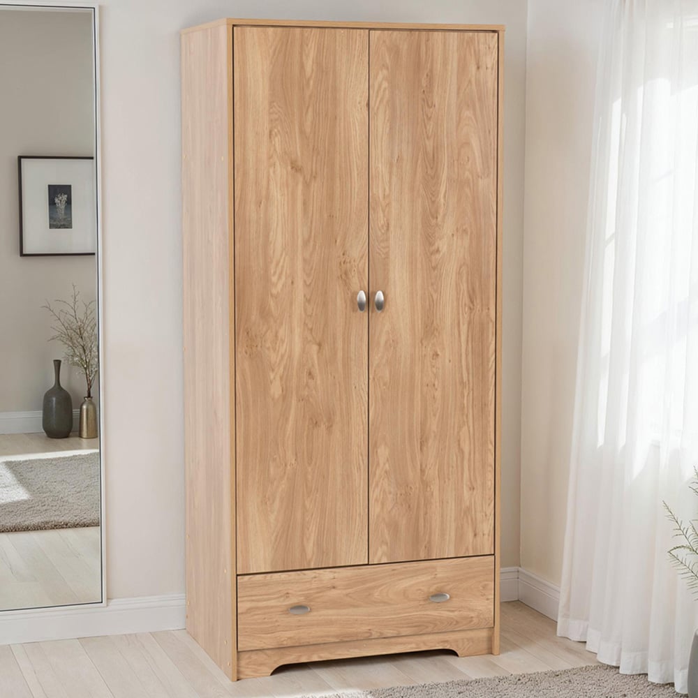 Seconique Carlton 2 Door Single Drawer Medium Oak Effect Wardrobe Image 1