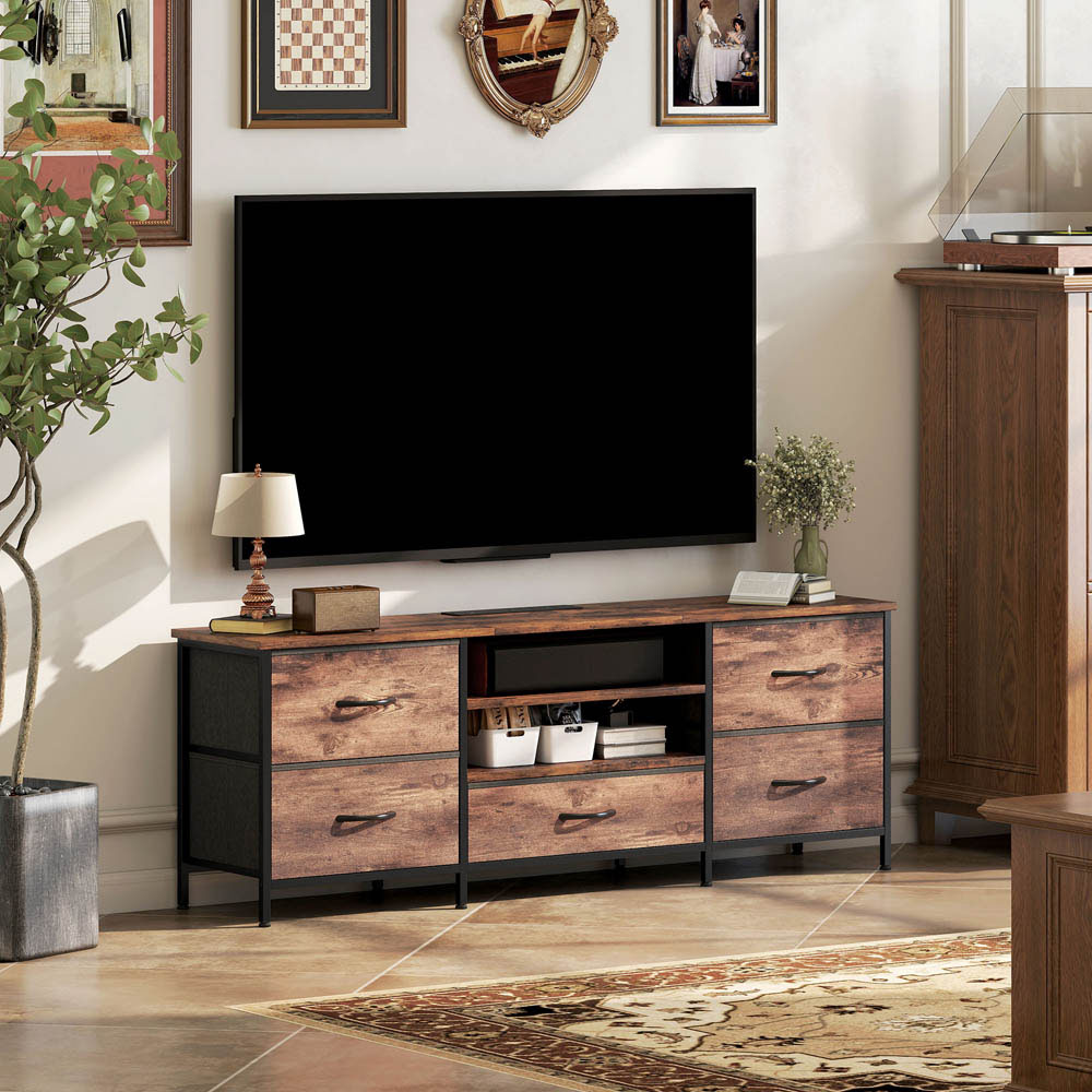Portland 5 Drawer 2 Shelf Rustic Brown TV Unit with Charging Station Image 3