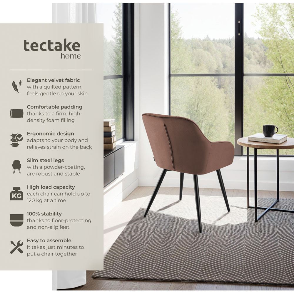 tectake Marilyn Set of 2 Brown and Black Quilted Velvet Dining Chair with Armrest Image 6