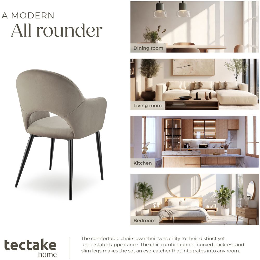 Tectake Sasha Set of 4 Taupe Velvet Padded Dining Chair Image 7