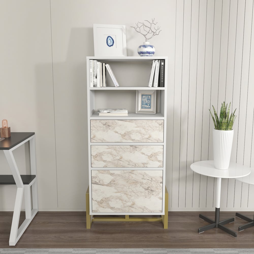 Decorotika Utopie 3 Door 2 Shelf White and White Marble Effect Modern Bookshelf Image 5