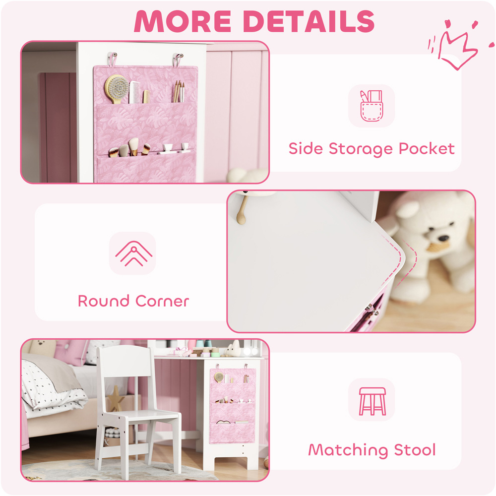 AIYAPLAY 2 Piece White LED Tri Folding Mirror Kids Vanity Table and Stool Set Image 7