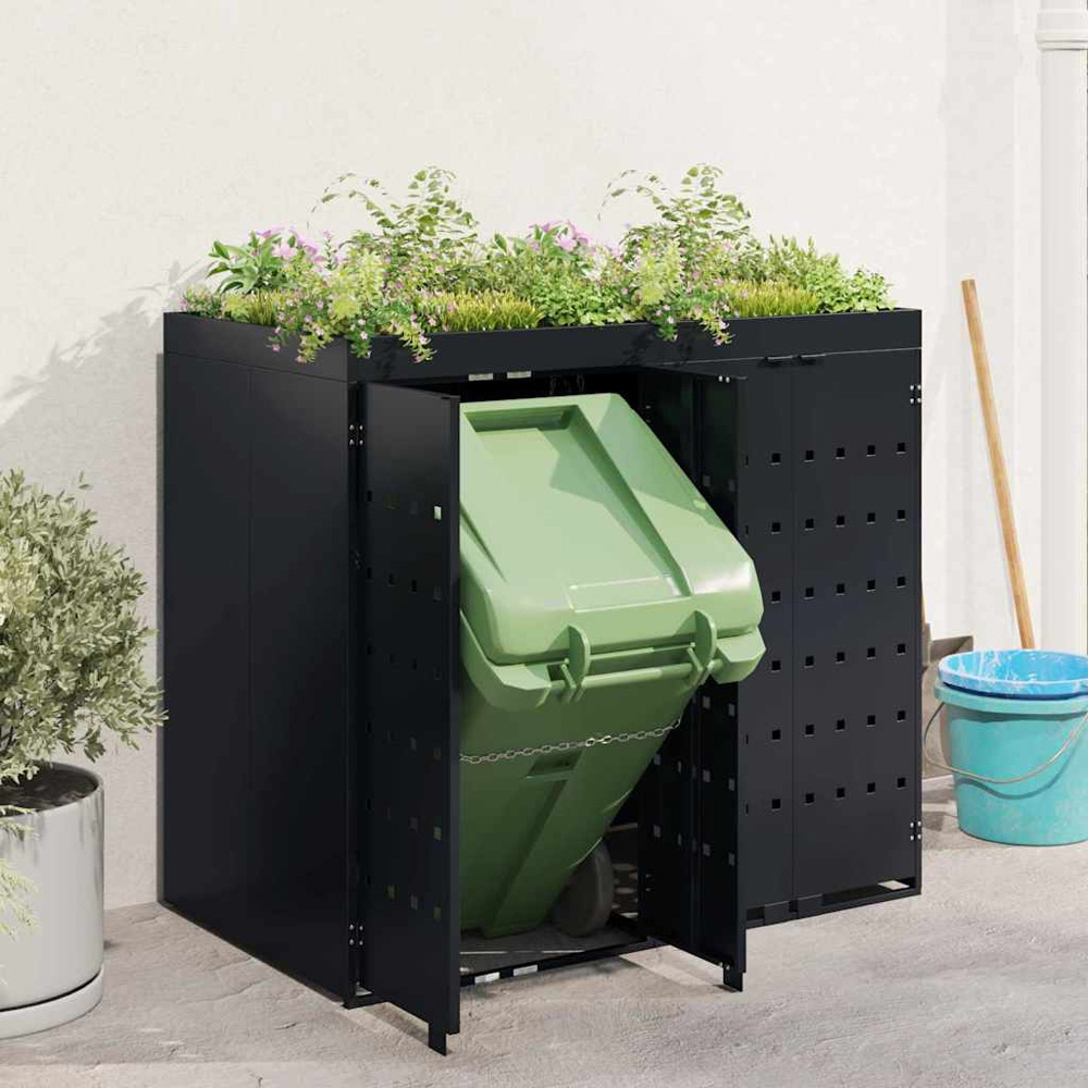 vidaXL Black 2 Wheelie Bin Storage Shed with Planter Roof Image 2