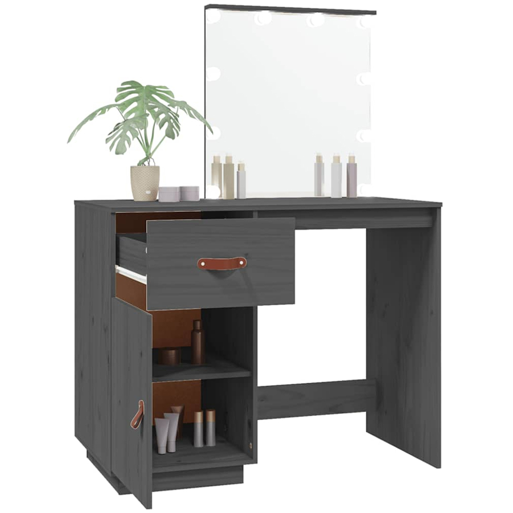 vidaXL Single Door Single Drawer Grey Solid Wood Pine Dressing Table with LED Mirror Image 5