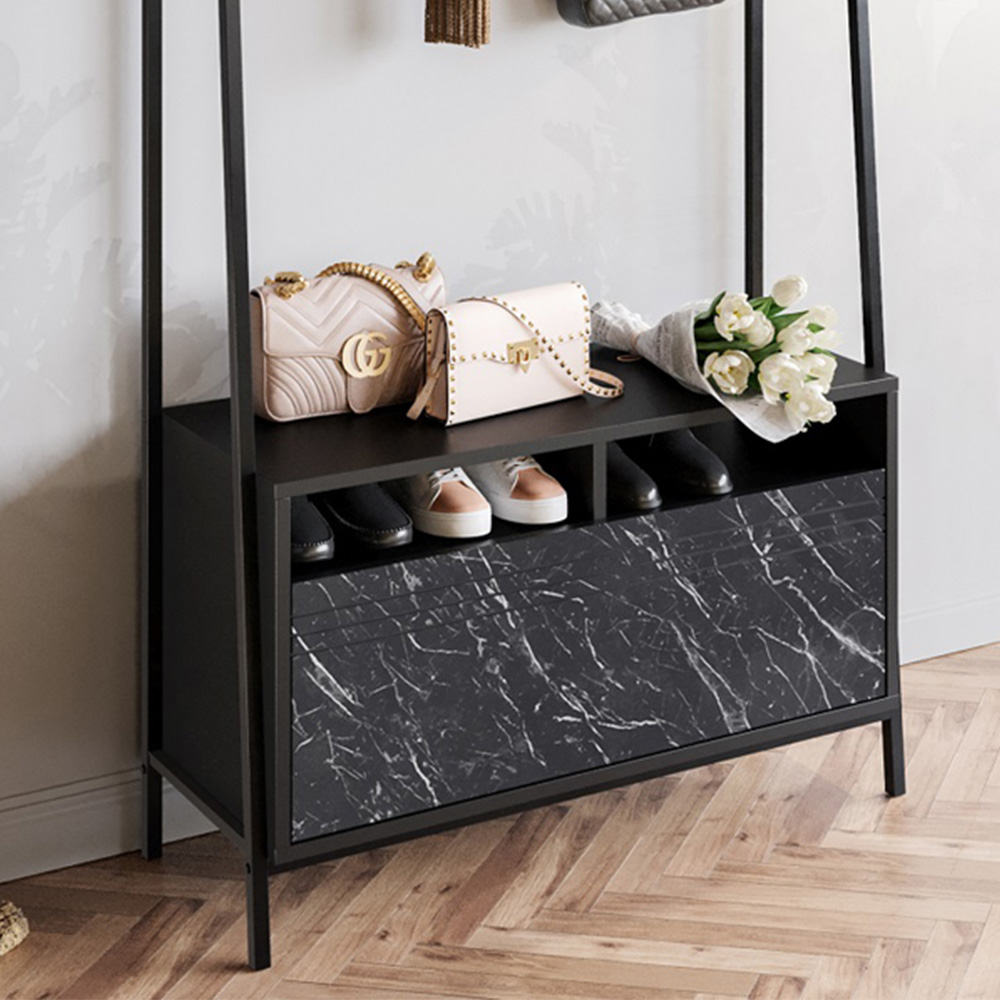 Decorotika Devin Single Door 2 Shelf Black Marble and Black Coat and Shoe Rack Image 3