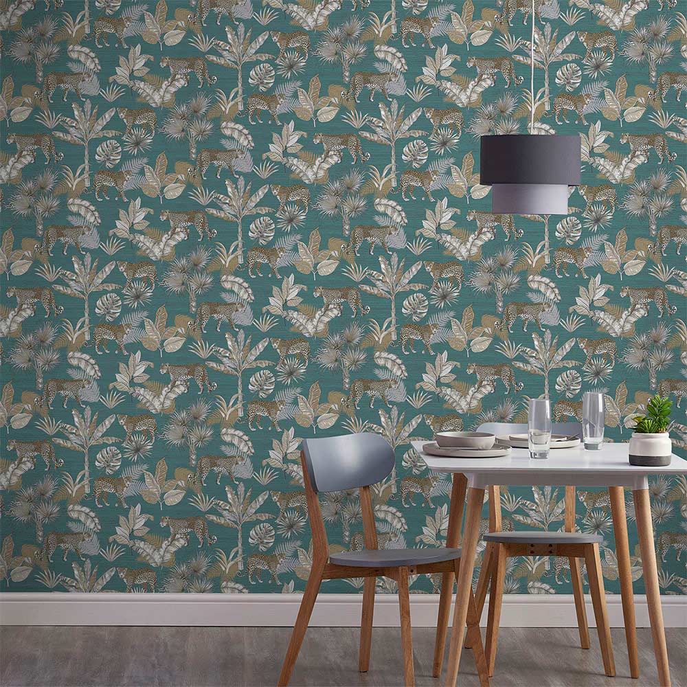 Grandeco Leopard Jungle Palm Linen Teal Textured Wallpaper Image 3