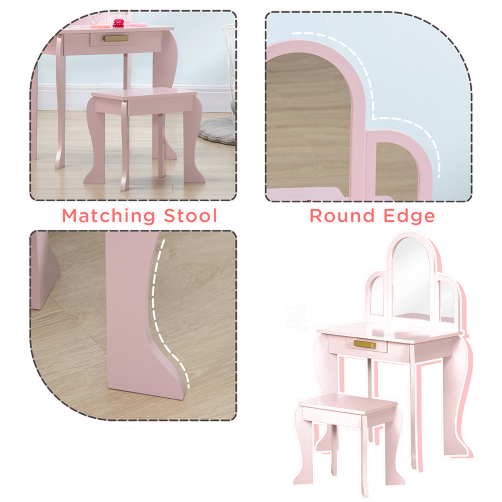 HOMCOM Kids Pink Dressing Table Set with Stool and Mirror Image 3