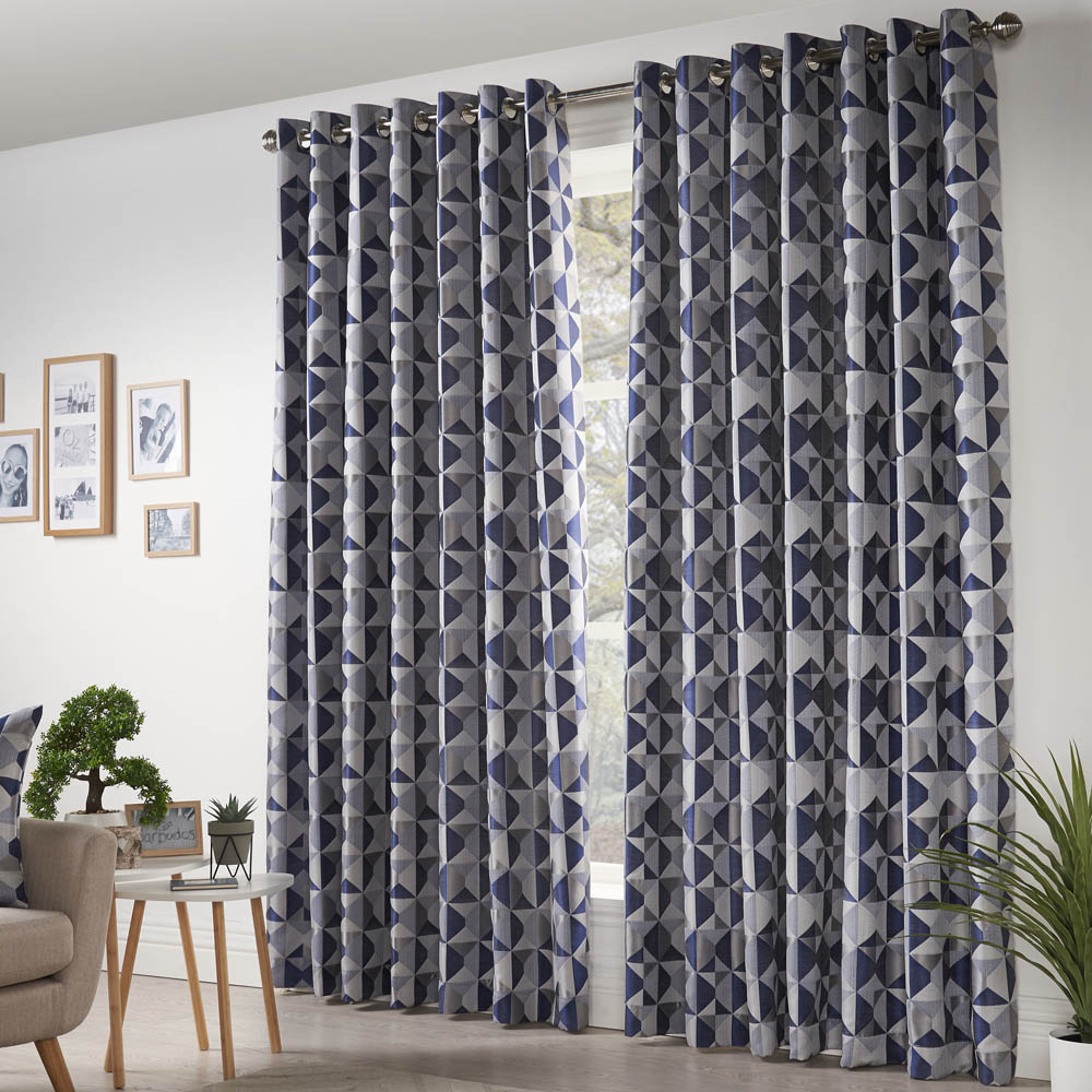 Alan Symonds Scandi Blue Grey Silver Jacquard Lined Ring Top Eyelet Curtains 167 x 183cm Image 1