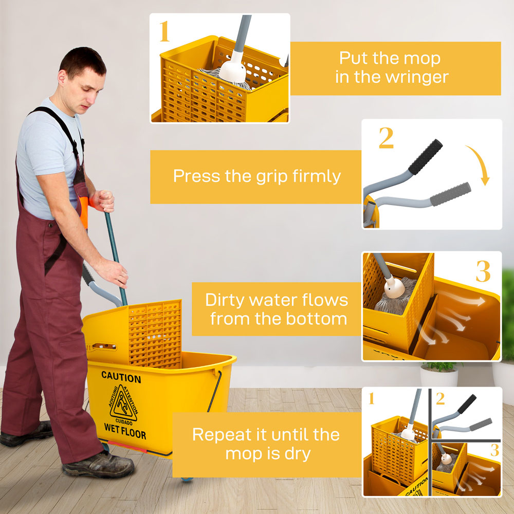 HOMCOM Yellow Mop Bucket with Wheels and Wringer 20L Image 5