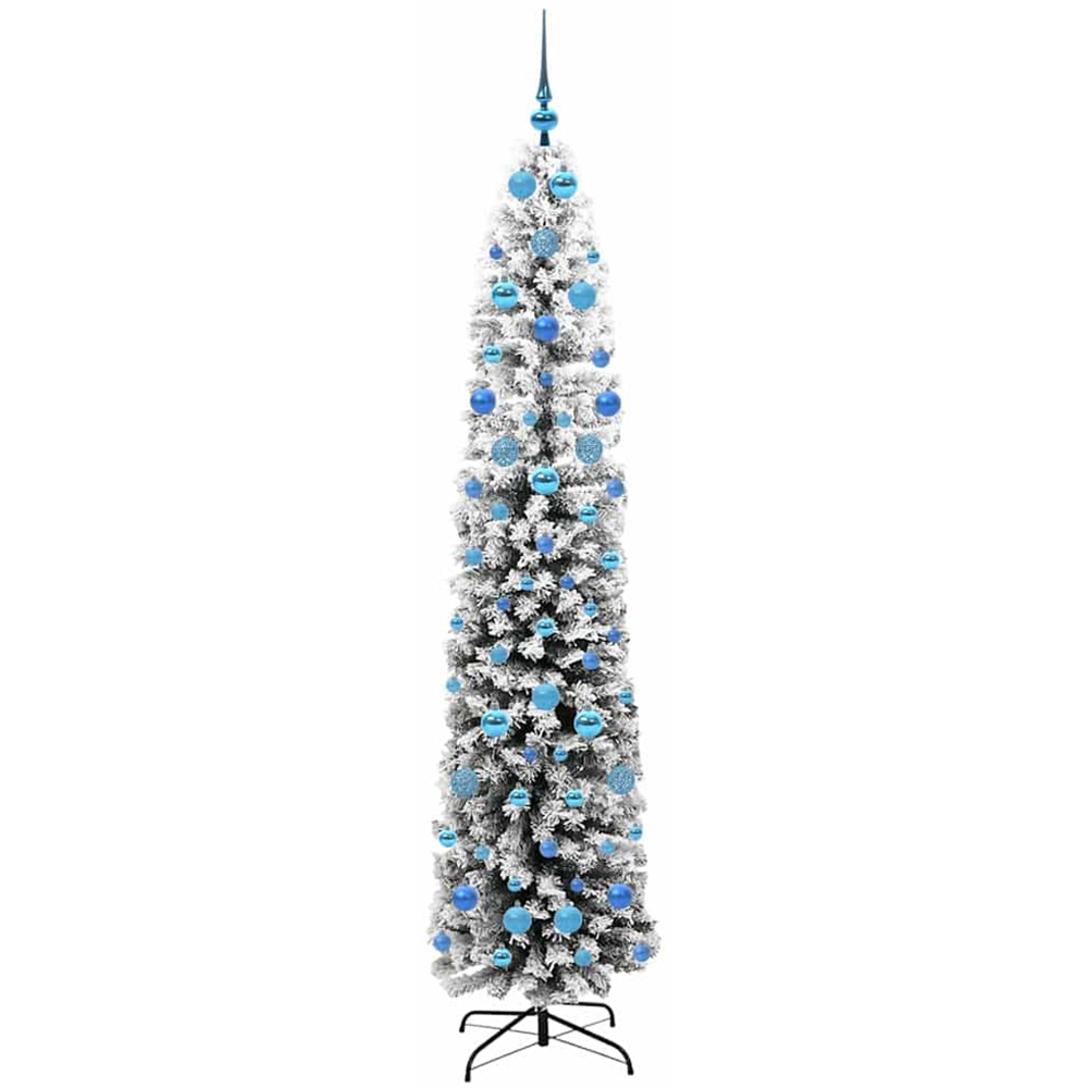 vidaXL 300 LED Pre-Lit Blue Baubles Green Artificial Snow Flocked Christmas Tree 7ft Image 4