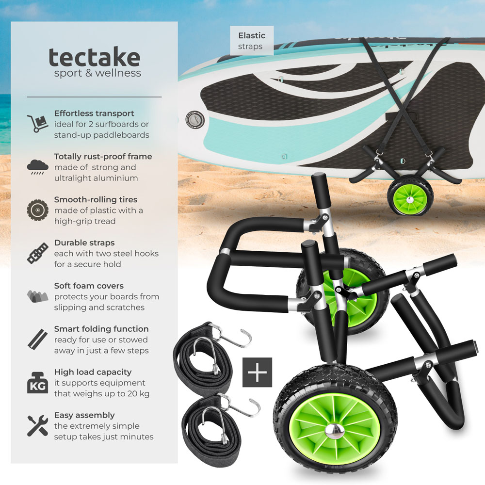 tectake Black and Green Wave Wheel Aluminium Surfboard Trolley Image 6