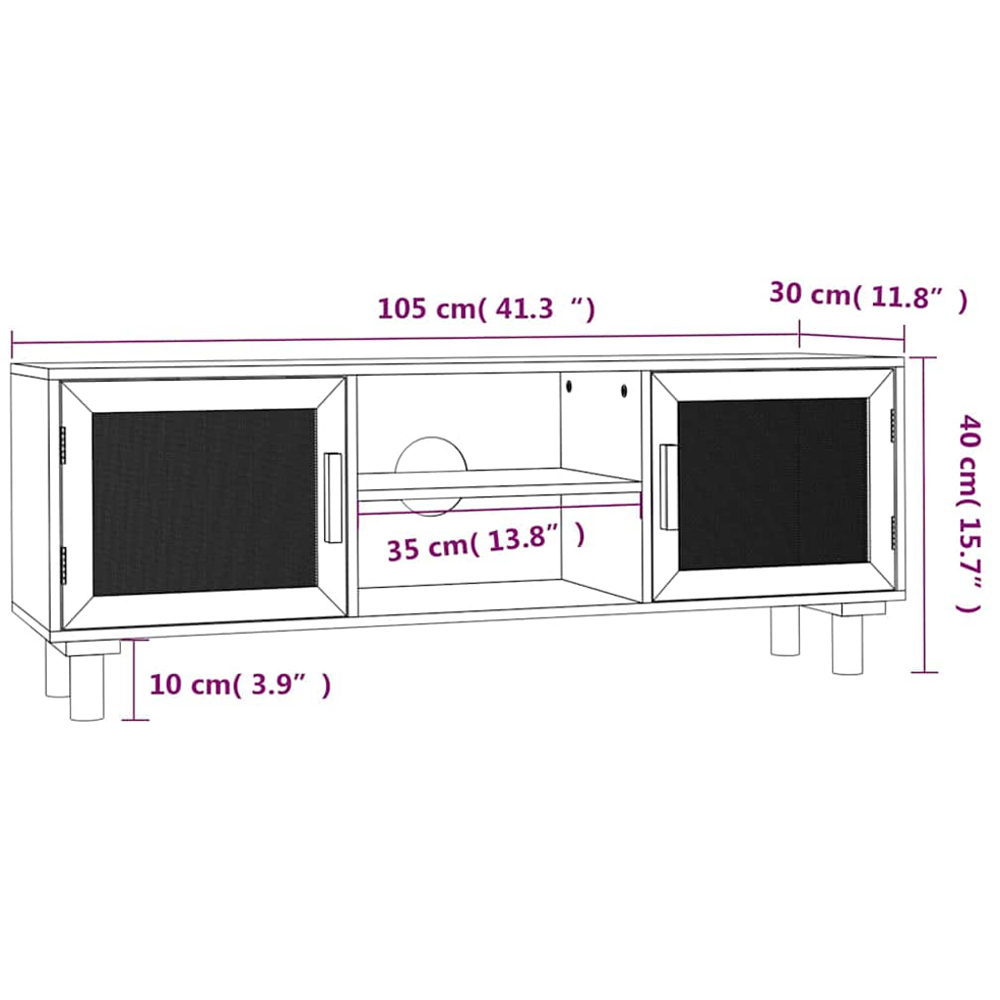 vidaXL 2 Door 2 Shelf Black Solid Pine and Natural Rattan TV Cabinet Image 9