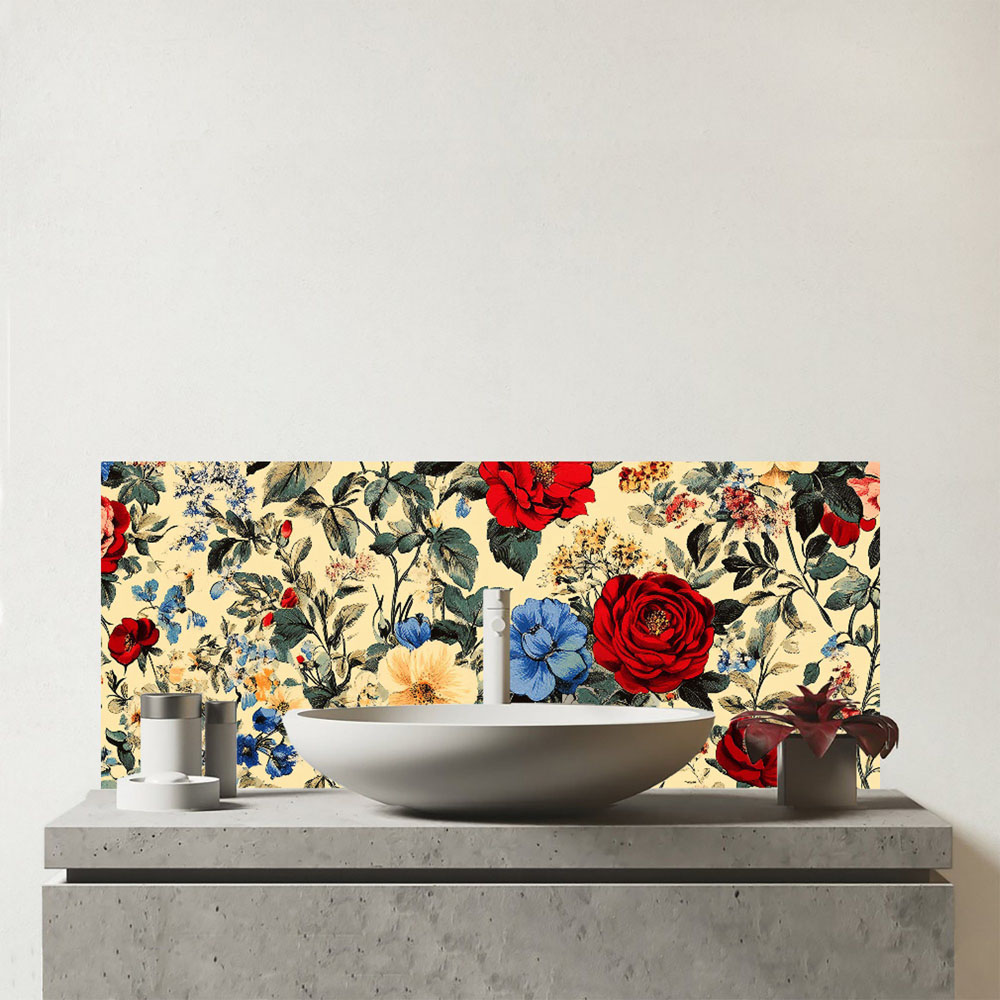 Warren Reed Designer Vintage Roses and Buds Glass Bathroom Splashback 25 x 60cm Image 1