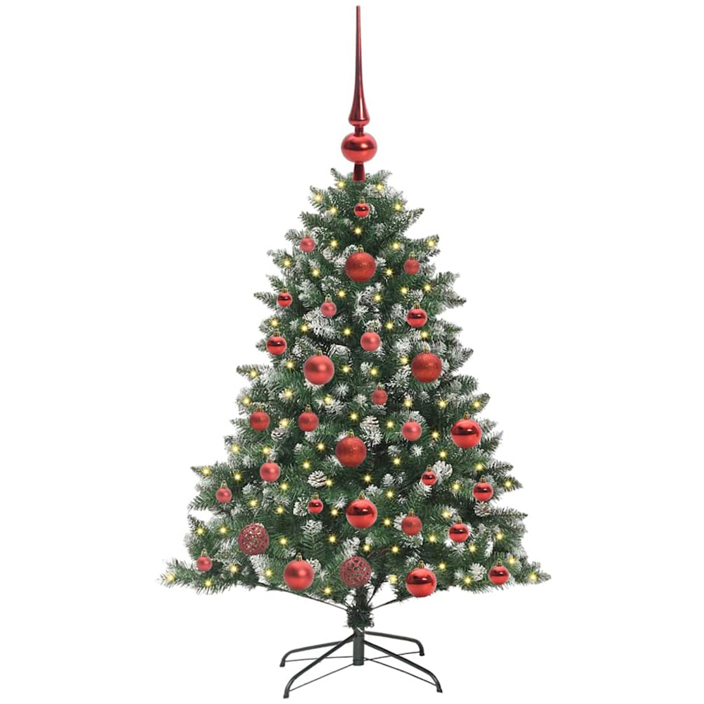 vidaXL Pre-Lit Red Bauble Pinecones Green Snow Flocked Artificial Christmas Tree 4ft Image 1