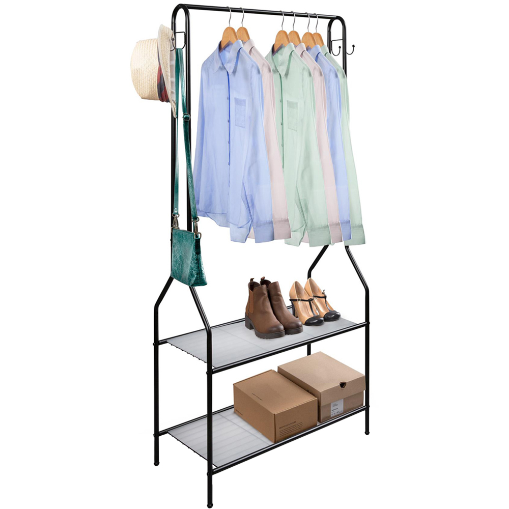 House of Home Black 2 Shelf Clothes Rail with 4 Hanging Hooks Image 1