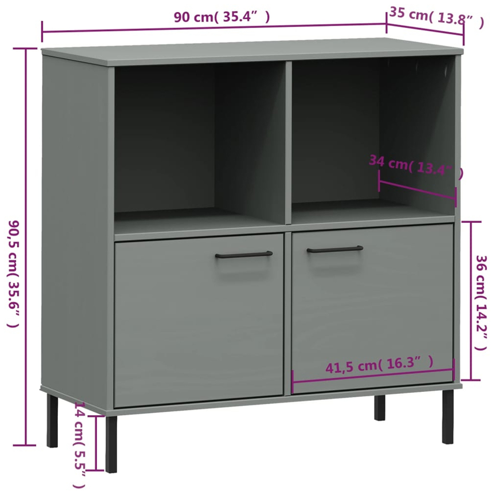 vidaXL Oslo 2 Door 2 Shelf Grey Solid Pine Wood Bookcase Image 9