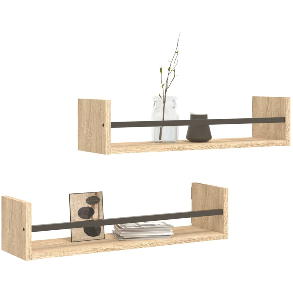 vidaXL 60 x 16 x 14cm Set of 2 Sonoma Oak Wall Shelf with Bars Image 2