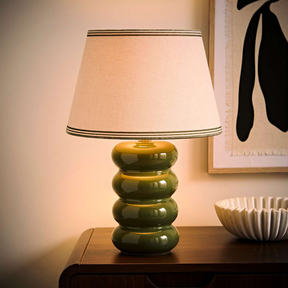 ValueLights Gia Triple Trim Linen Shade Olive Ceramic Stack Table Lamp with Bulb Image 2