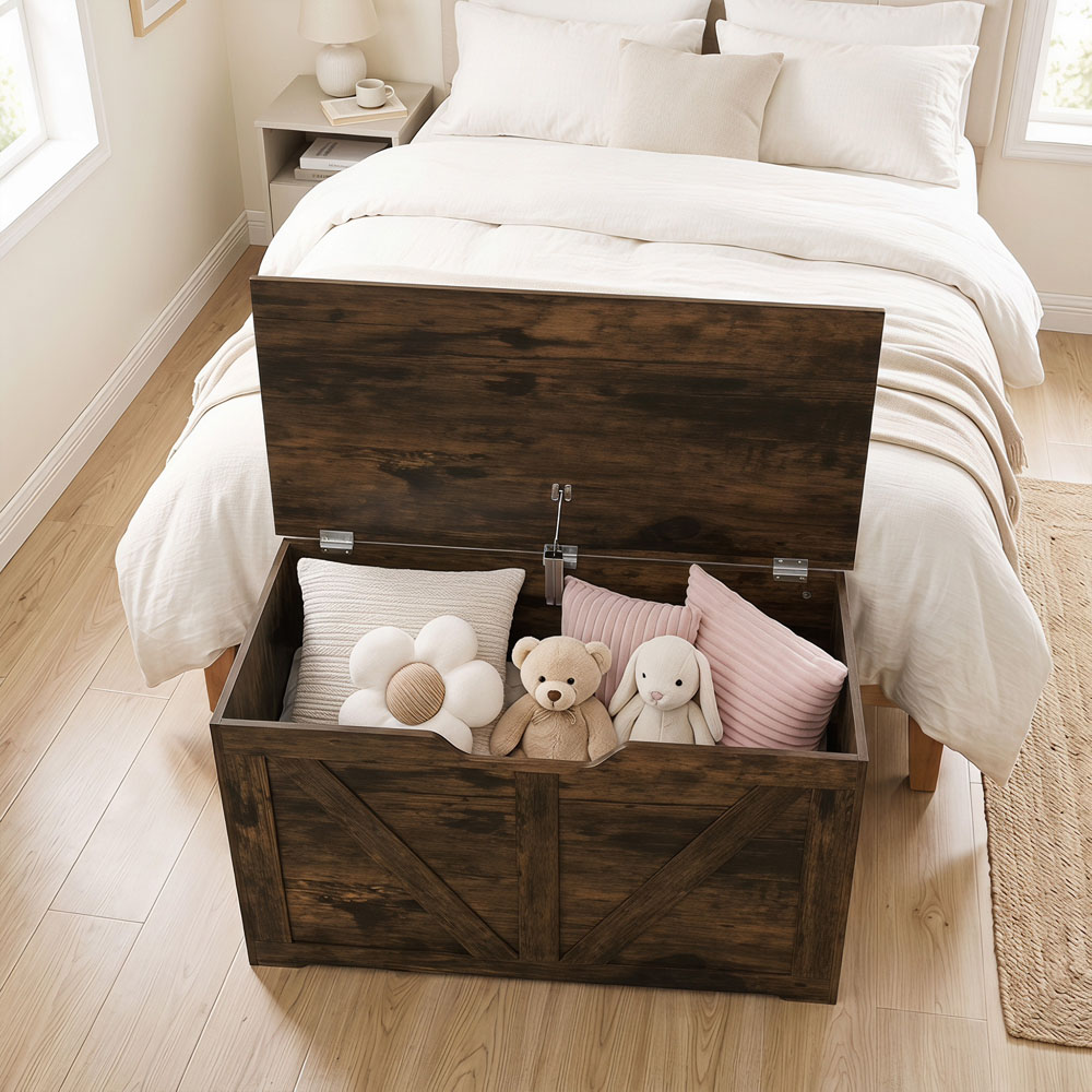 HOMCOM 100L Rustic Brown Storage Trunk with Safety Hinge Image 4