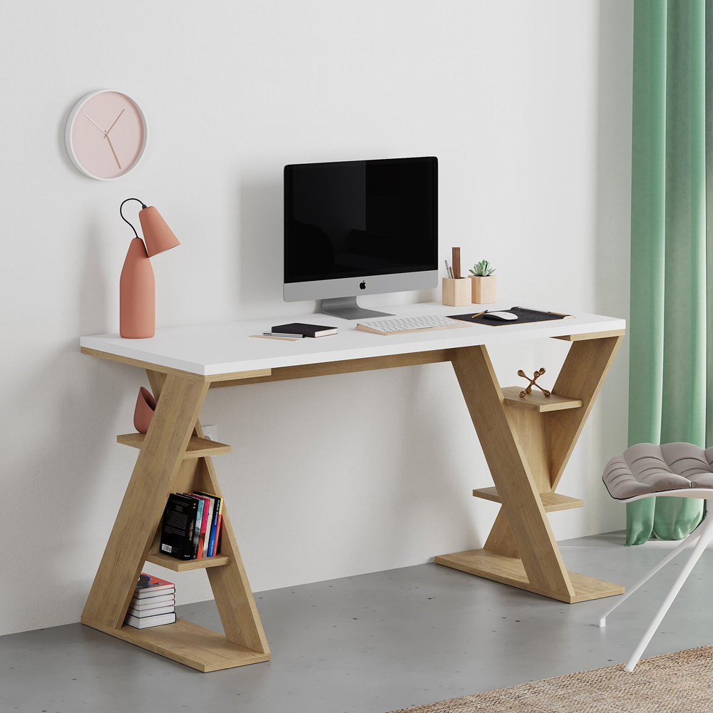 Decortie Papillon 6 Shelf White and Sapphire Oak Working Table Image 4