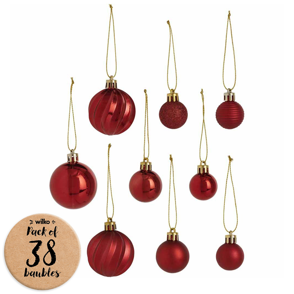 Wilko Traditional Assorted Red Mini Christmas Baubles 38 Pack Image 1
