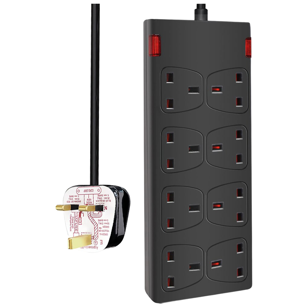 ExtraStar 13A 2m 8 Socket Child Resistant Black Extension Lead with Indicate Light Image 1