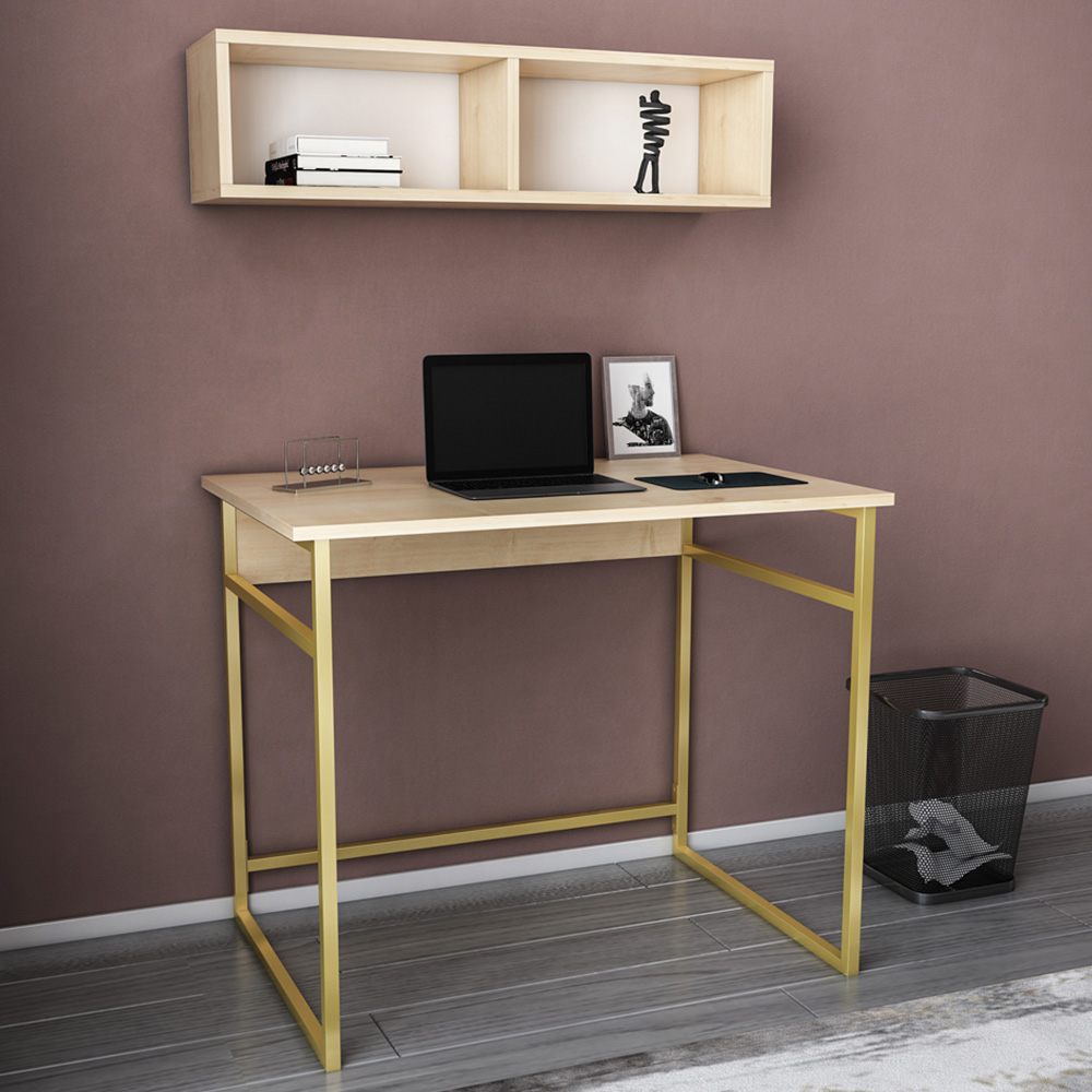 Decorotika Hussum Computer Desk with 2 Section Wall Shelf Gold and Oak Image 1