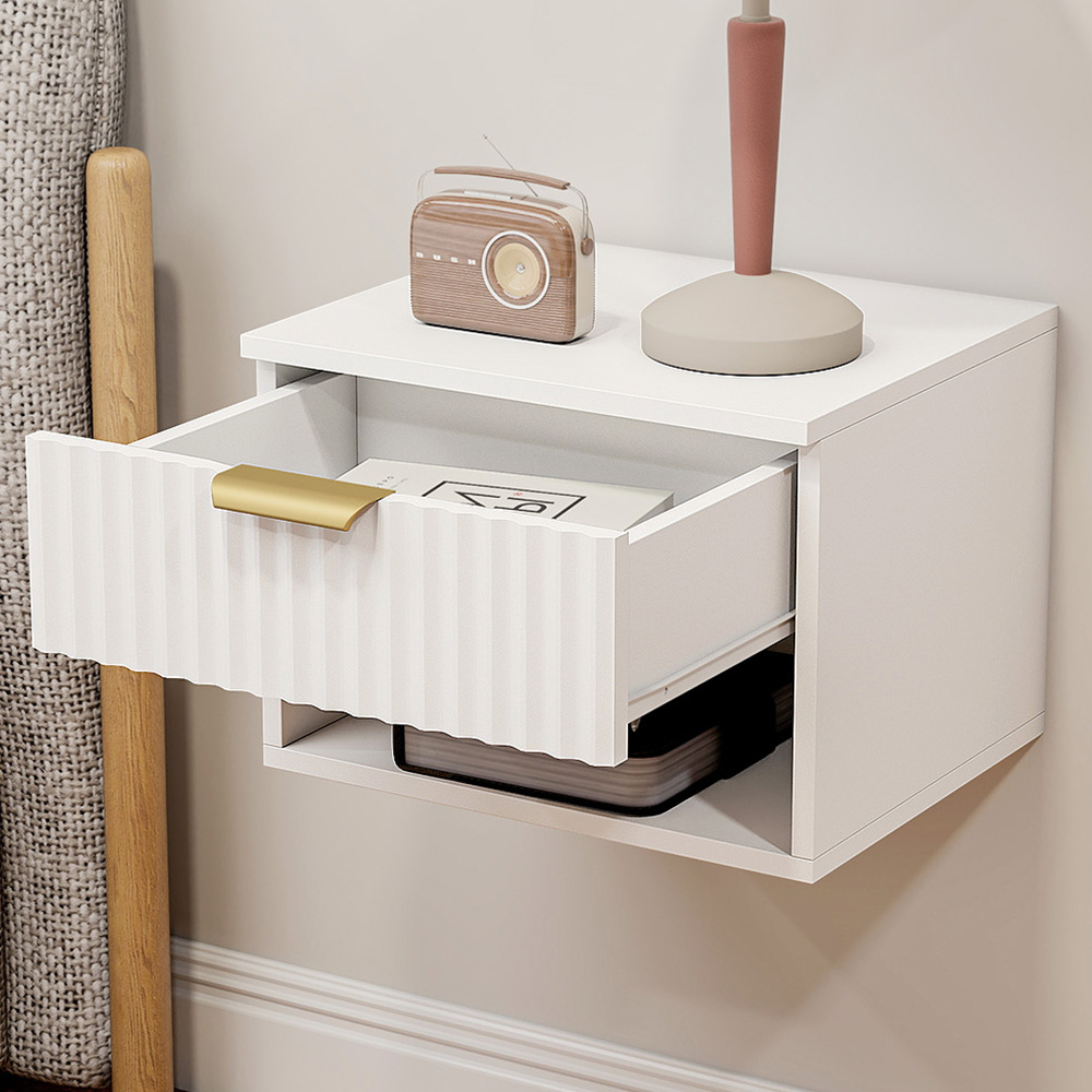 Portland Single Drawer Single Shelf White Fluted Floating Nightstand Set of 2 Image 1