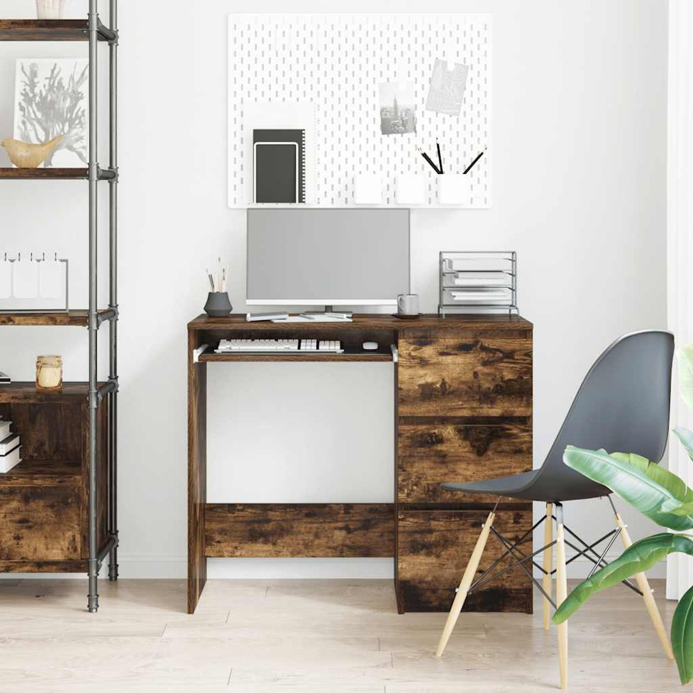 vidaXL 3 Drawer Computer Desk with Keyboard Tray Smoked Oak Image 9